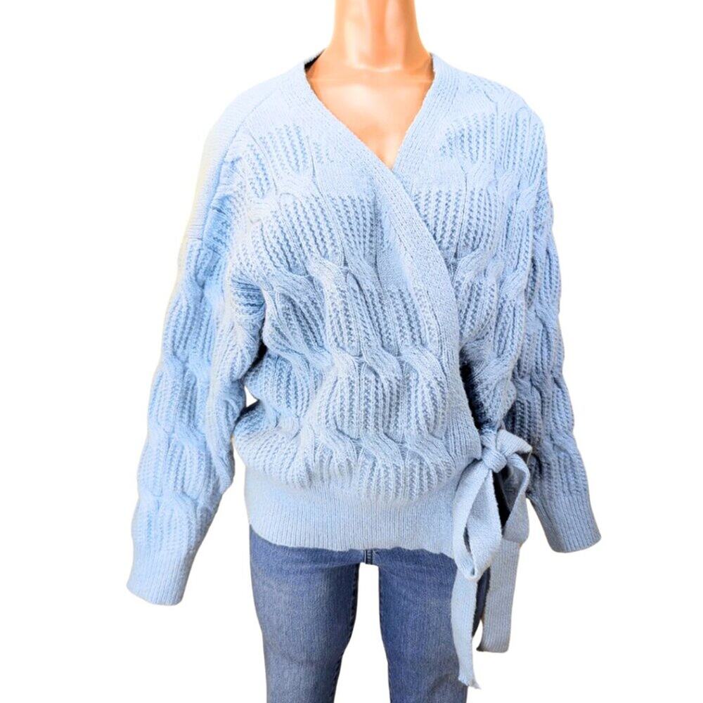 Simplee Small Light Blue Cozy Oversize Wrap Sweater